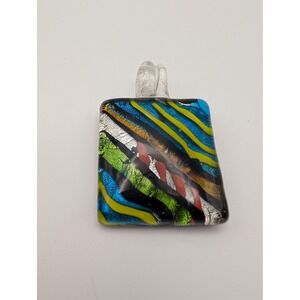 Murano Style Art Glass Pendant Multicolor Striped‎ Square Women Jewelry Artsy
